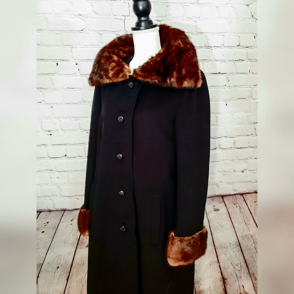 Vintage 1950's Saks Fifth Ave Black Wool Fur Coat - Picture 2 of 8